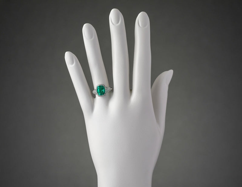 14K White Gold Created Colombian Emerald And Lab Grown Diamond Ring 3 29 Carats Total Cushion Cut R63130 on a model