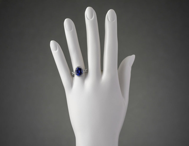14K White Gold Created Sapphire And Lab Grown Diamond Ring 5 68 Carats Total Oval Shape R63134 on a model