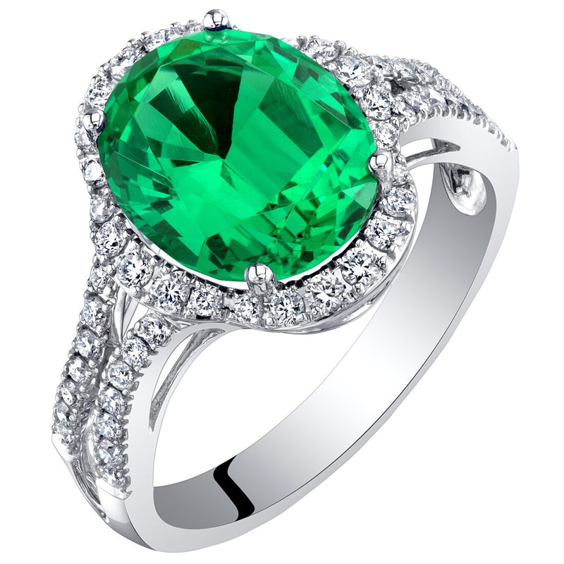 14K White Gold Created Colombian Emerald and Lab Grown Diamond Ring 3.93 Carats Total Oval Shape