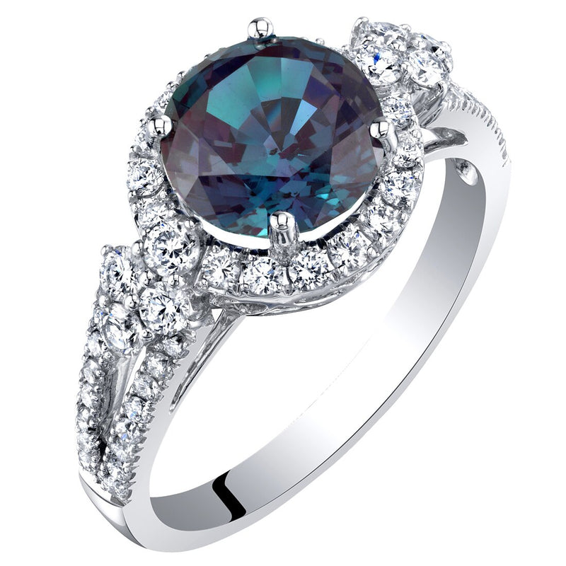 14K White Gold Created Alexandrite and Lab Grown Diamond Ring 3.11 Carats Total Round Shape
