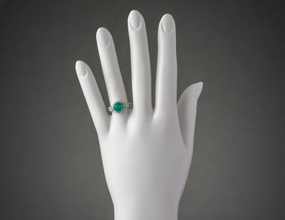 14K White Gold Created Colombian Emerald And Lab Grown Diamond Ring 2 61 Carats Total Round Shape R63142 on a model