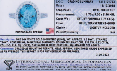 14K White Gold Igi Certified Aquamarine And Diamond Ring 4 27 Carats Total Weight Oval Shape R63150 IGI certificate