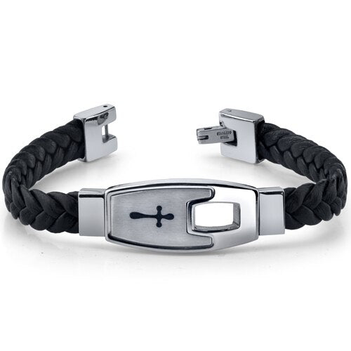 Mens Stainless Steel and Braided Leather Cross Motif Bracelet