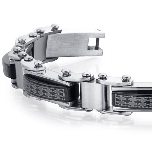 Brushed Steel and Ceramic Diamond Pattern Bracelet
