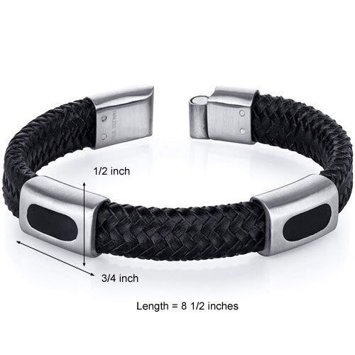 Mens Black Woven Leather and Stainless Steel Bracelet Style
