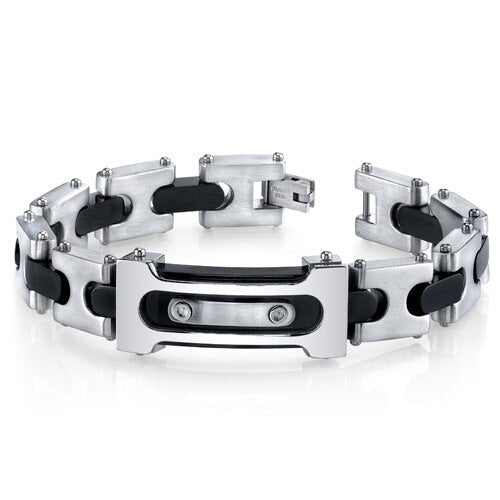 Mens Double Riveted Black Two Tone Stainless Steel Bracelet