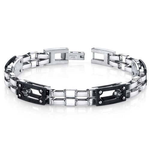Mens Intricate Double Chain Design Stainless Steel Bracelet