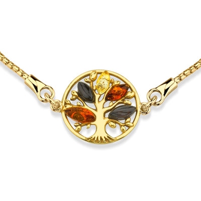 Baltic Amber Tree Of Life Gold-Tone Sterling Silver Bolo Adjustable Bracelet