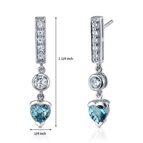 London Blue Topaz Earrings Sterling Silver Heart Shape 2 Carats