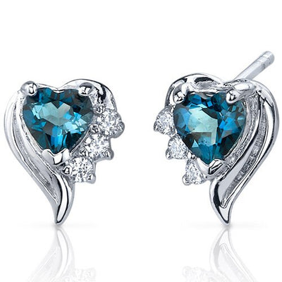 London Blue Topaz Earrings Sterling Silver Heart Shape 1 Carats