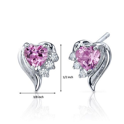 Pink Sapphire Earrings Sterling Silver Heart Shape 1.5 Carats