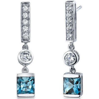 London Blue Topaz Earrings Sterling Silver Princess Cut 2.5 Cts