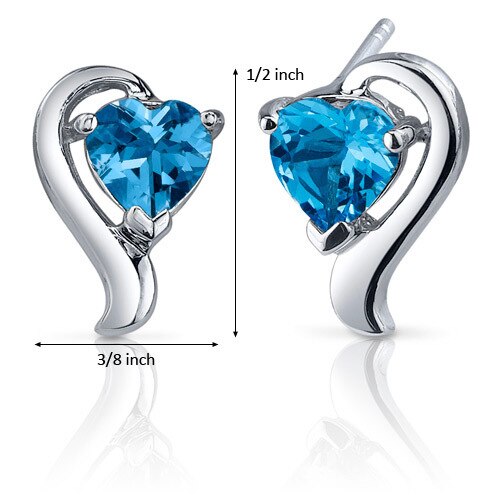 Swiss Blue Topaz Earrings Sterling Silver Heart Shape 2 Carats