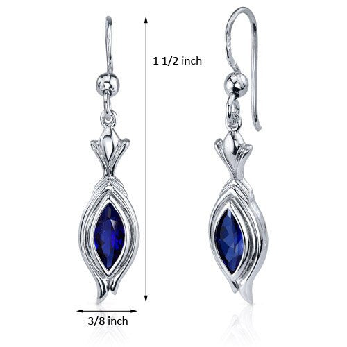 Blue Sapphire Earrings Sterling Silver Marquise Shape 1.5 Cts