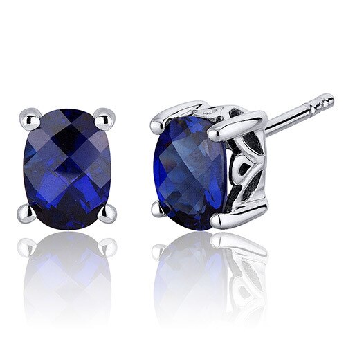 Blue Sapphire Stud Earrings Sterling Silver Oval Shape 2 Carats