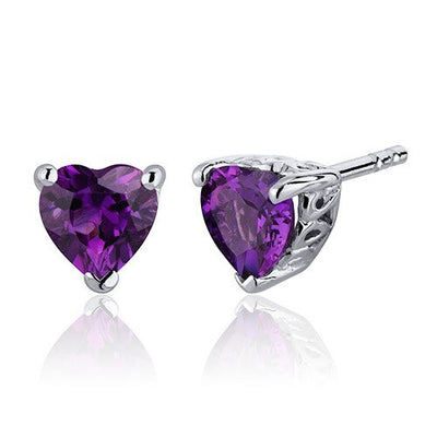 Amethyst Stud Earrings Sterling Silver Heart Shape 1.5 Carats