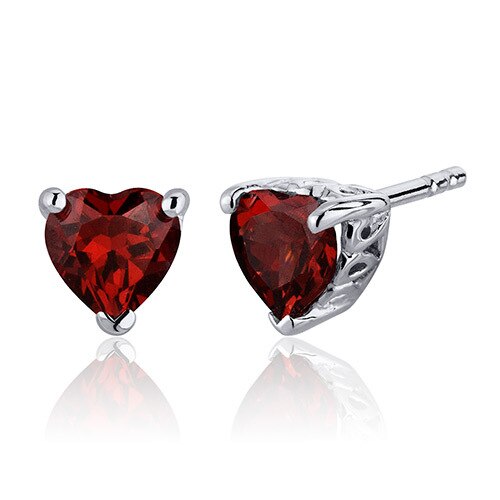 Garnet Stud Earrings Sterling Silver Heart Shape 2 Carats