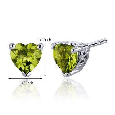 Peridot Stud Earrings Sterling Silver Heart Shape 1.5 Carats