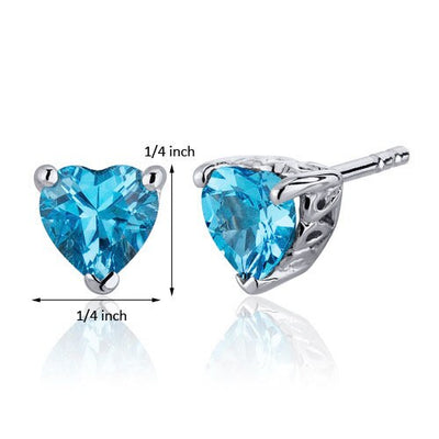 Swiss Blue Topaz Stud Earrings Sterling Silver Heart Shape 2 Ct