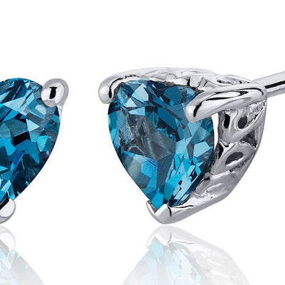 London Blue Topaz Stud Earrings Sterling Silver Heart Cut 2 Cts