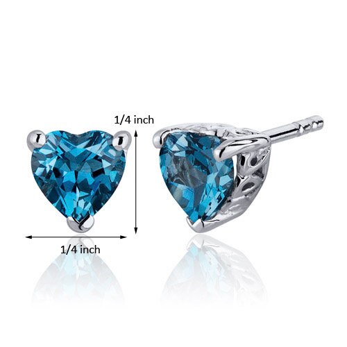 London Blue Topaz Stud Earrings Sterling Silver Heart Cut 2 Cts