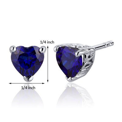 Blue Sapphire Stud Earrings Sterling Silver Heart Shape 2 Cts