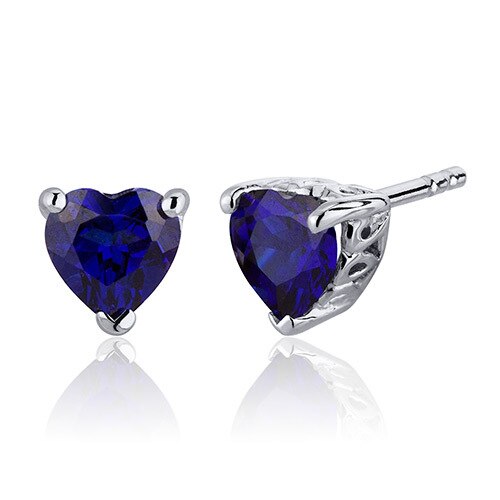 Blue Sapphire Stud Earrings Sterling Silver Heart Shape 2 Cts