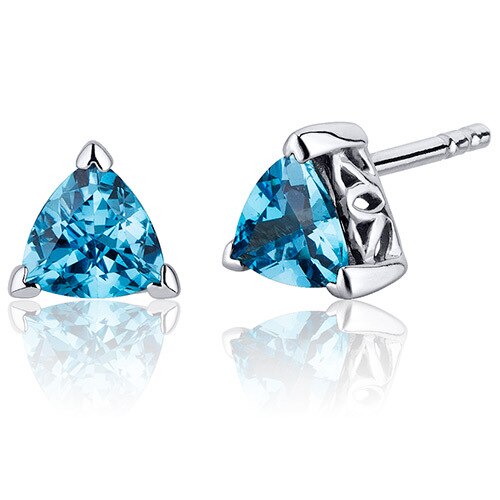 Swiss Blue Topaz Stud Earrings Sterling Silver Trillion Cut