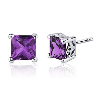 Amethyst Stud Earrings Sterling Silver Princess Cut 2 Carats