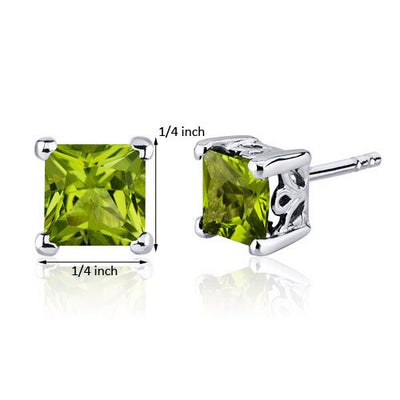 Peridot Stud Earrings Sterling Silver Princess Cut 2 Carats