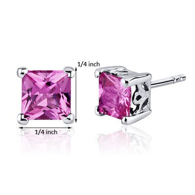 Pink Sapphire Stud Earrings Sterling Silver Princess Cut 3 Cts