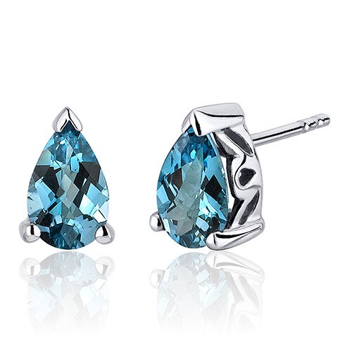 London Blue Topaz Stud Earrings Sterling Silver Pear Cut 1.5 Ct