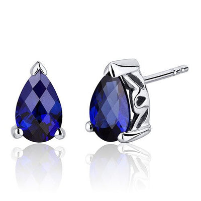 Blue Sapphire Stud Earrings Sterling Silver Pear Shape 2 Carats