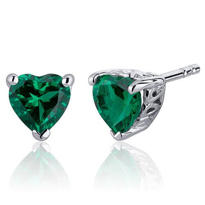Emerald Earrings Sterling Silver Heart Shape 1.5 Carats