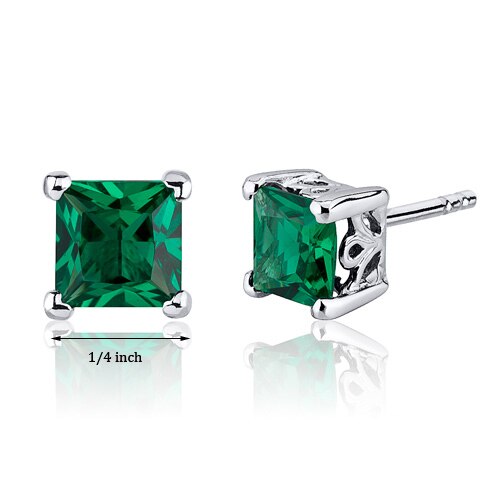 Emerald Earrings Sterling Silver Princess Cut 2 Carats