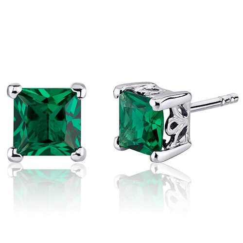 Emerald Earrings Sterling Silver Princess Cut 2 Carats