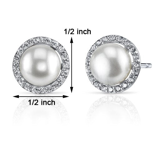 Freshwater Cultured 7.5mm White Pearl Empress Halo Stud Earrings Sterling Silver