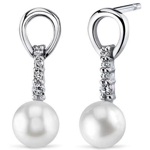 Freshwater Cultured 6.5mm White Pearl Dainty Drop Earrings Sterling Silver