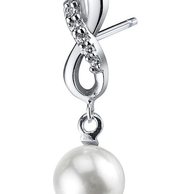 Freshwater Cultured 6.5mm White Pearl Open Infinity Drop Earrings Sterling Silver
