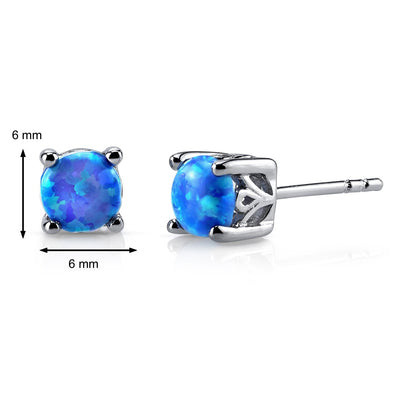 Blue Opal Stud Earrings Sterling Silver Round Cut 1.25 Carats