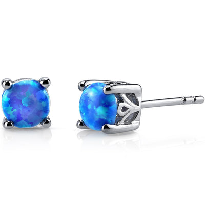 Blue Opal Stud Earrings Sterling Silver Round Cut 1.25 Carats