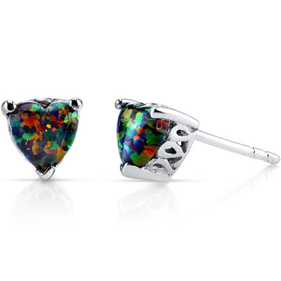 Black Opal Heart Stud Earrings Sterling Silver 1.25 Carats