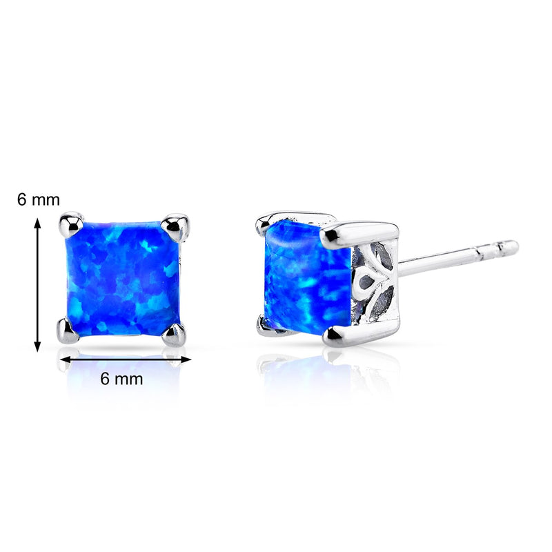 Blue Opal Princess Cut Stud Earrings Sterling Silver 1.25 Carats