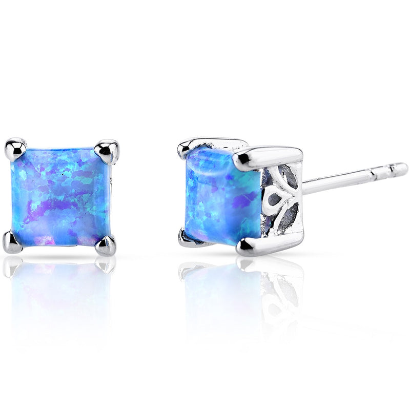 Powder Blue Opal Princess Cut Stud Earrings Sterling Silver 1.25 Carats