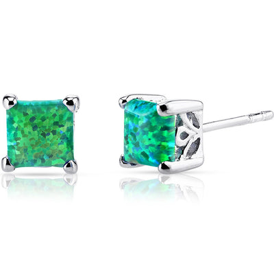 Green Opal Princess Cut Stud Earrings Sterling Silver 1.25 Carats