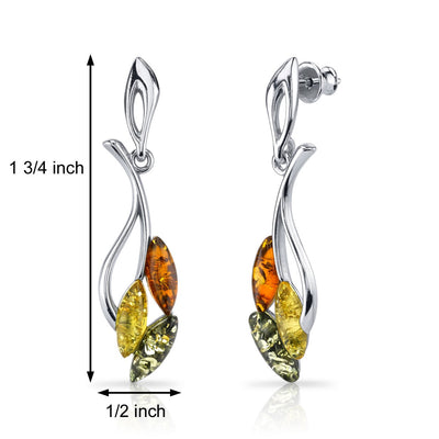 Baltic Amber Leaf Dangle Earrings Sterling Silver Multiple Color