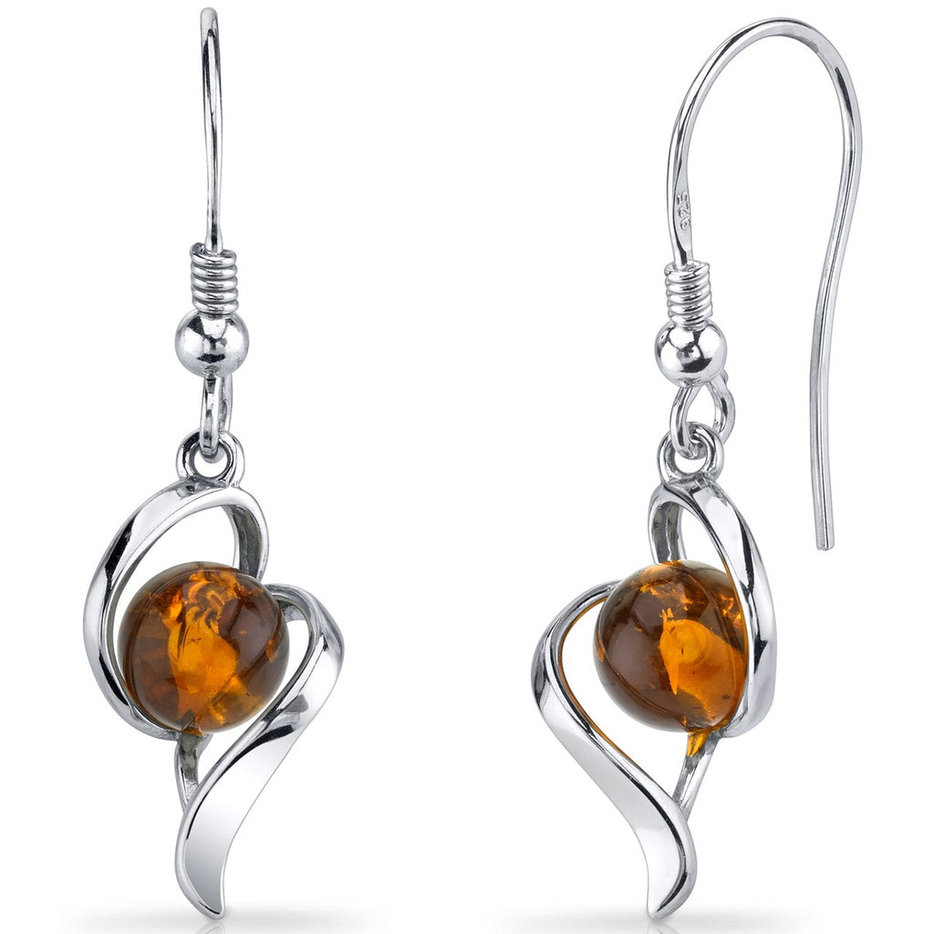 Peora Amber Spherical Fishhook Earrings Sterling Silver Cognac Color