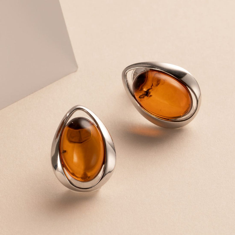 Baltic Amber Stud Earrings Sterling Silver Cognac Color Oval