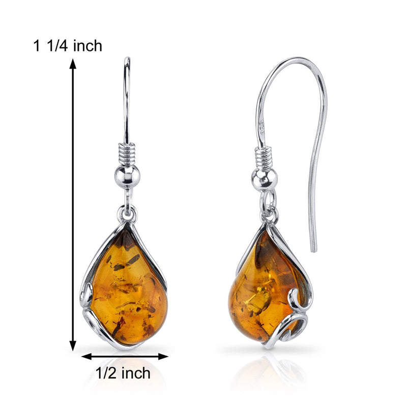 Amber Drop Earrings Sterling Silver Cognac Color Fish Hook
