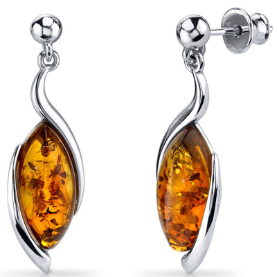 Baltic Amber Earrings Sterling Silver Cognac Color Marquise